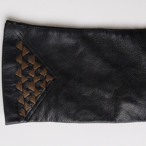 BLACK LEATHER GLOVE SILK LINING CARAMEL BRAID ITALY Classy Lady - Picture 7 of 9